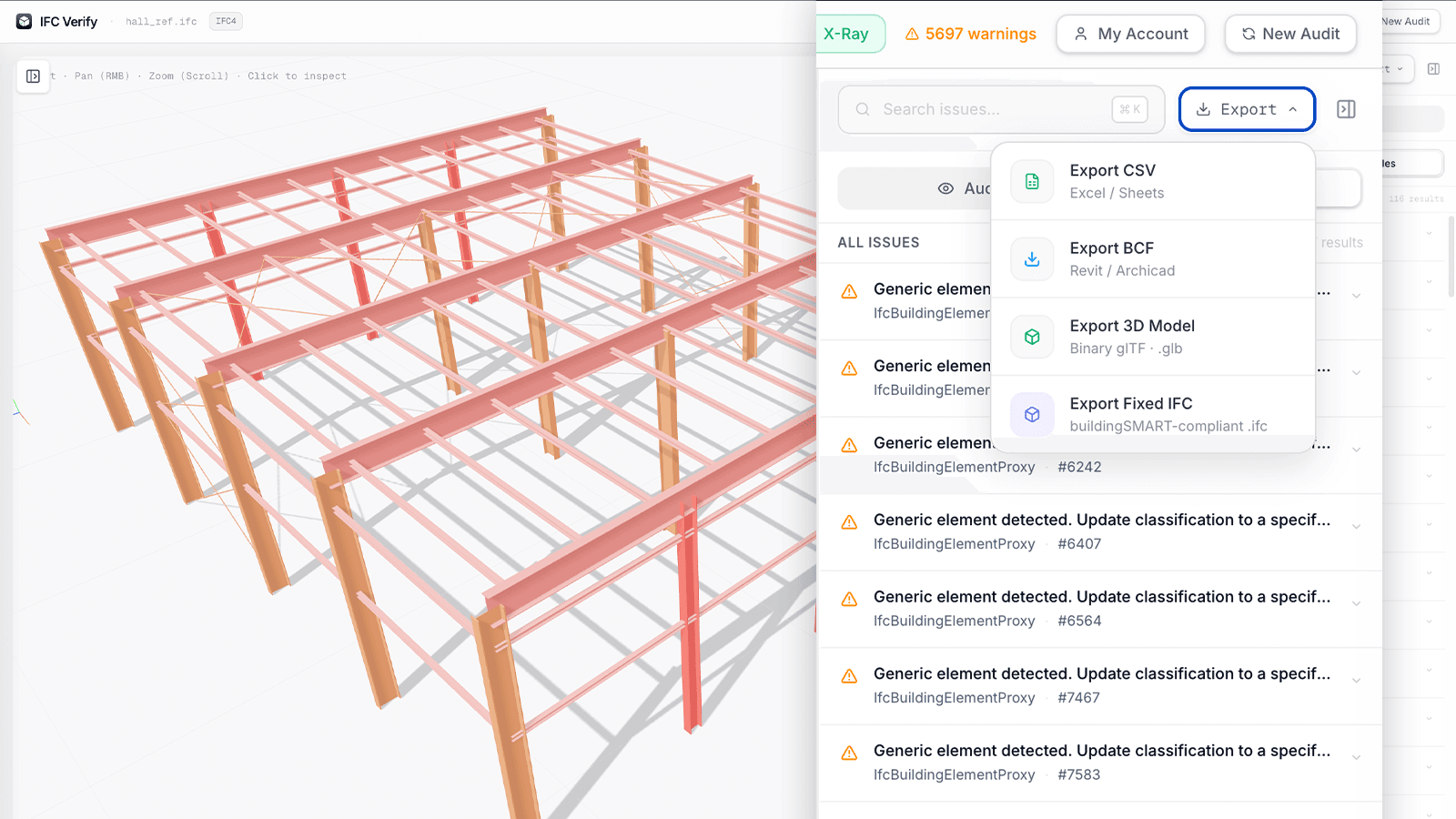 Export corrected IFC, BCF 2.1 and CSV files directly from your browser — no server required IFC Verify export panel showing one-click export options: auto-healed IFC file, BCF 2.1 issue report, and CSV data schedule ready for download