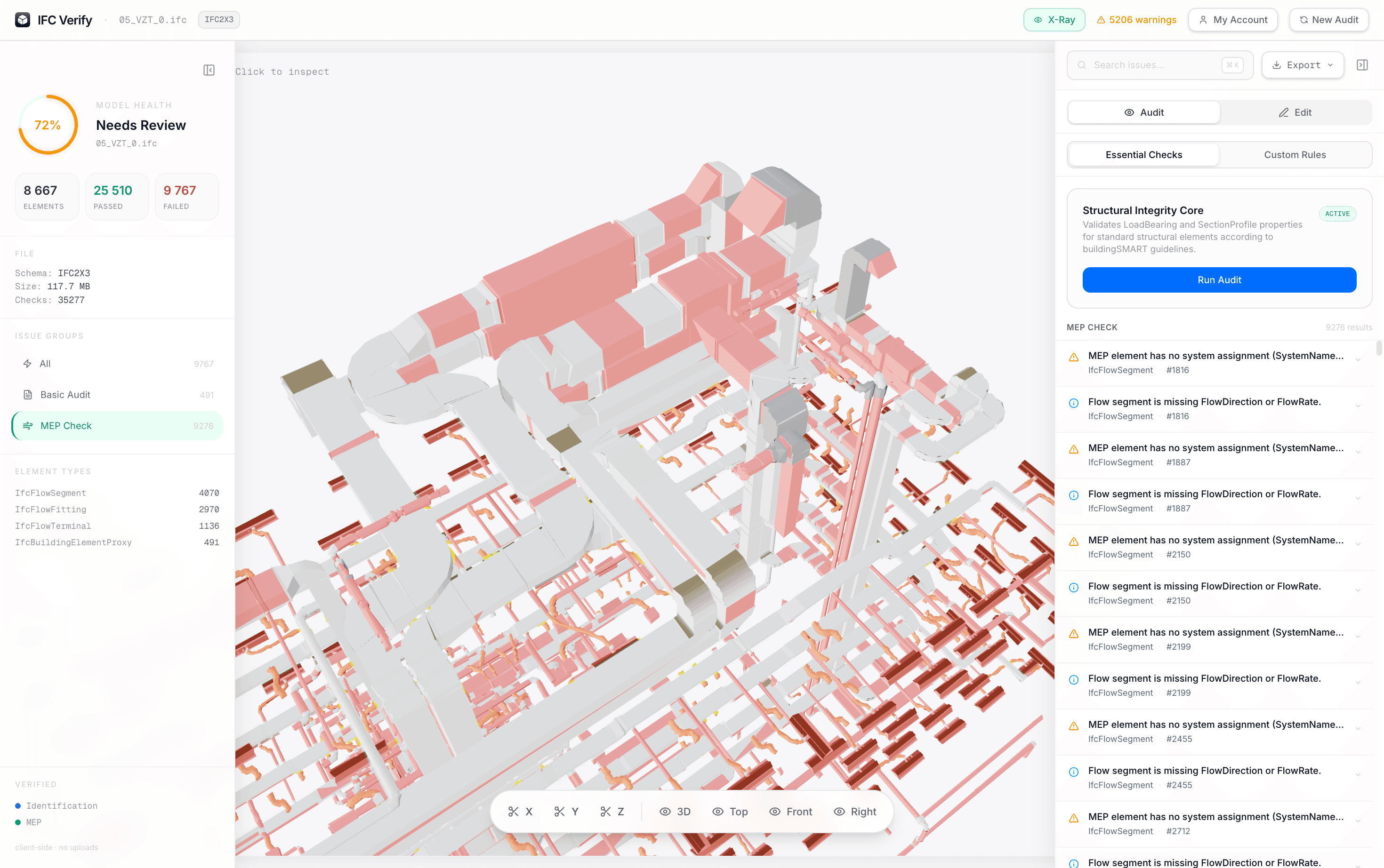 IFC Verify — browser-based BIM audit tool for MEP and structural IFC models IFC Verify workspace showing a HVAC/MEP IFC model with PropertySet audit results and missing data flags highlighted in the right panel