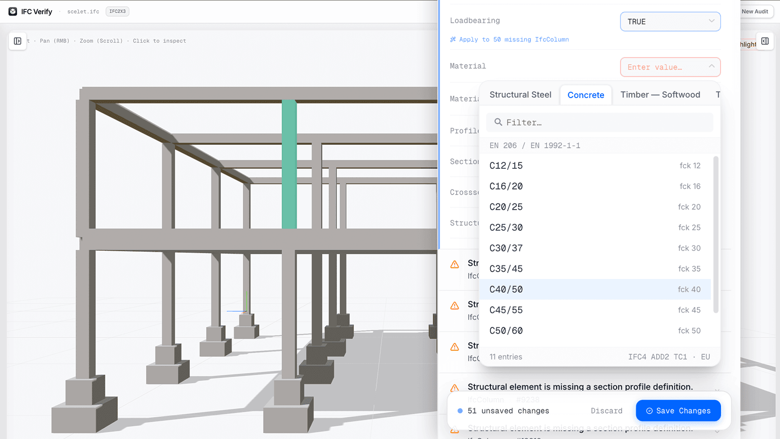 Edit IFC PropertySets directly in the browser — no Revit, no round-tripping IFC Verify in-browser data editor with inline PropertySet editing, showing material and structural property fields being corrected without Revit