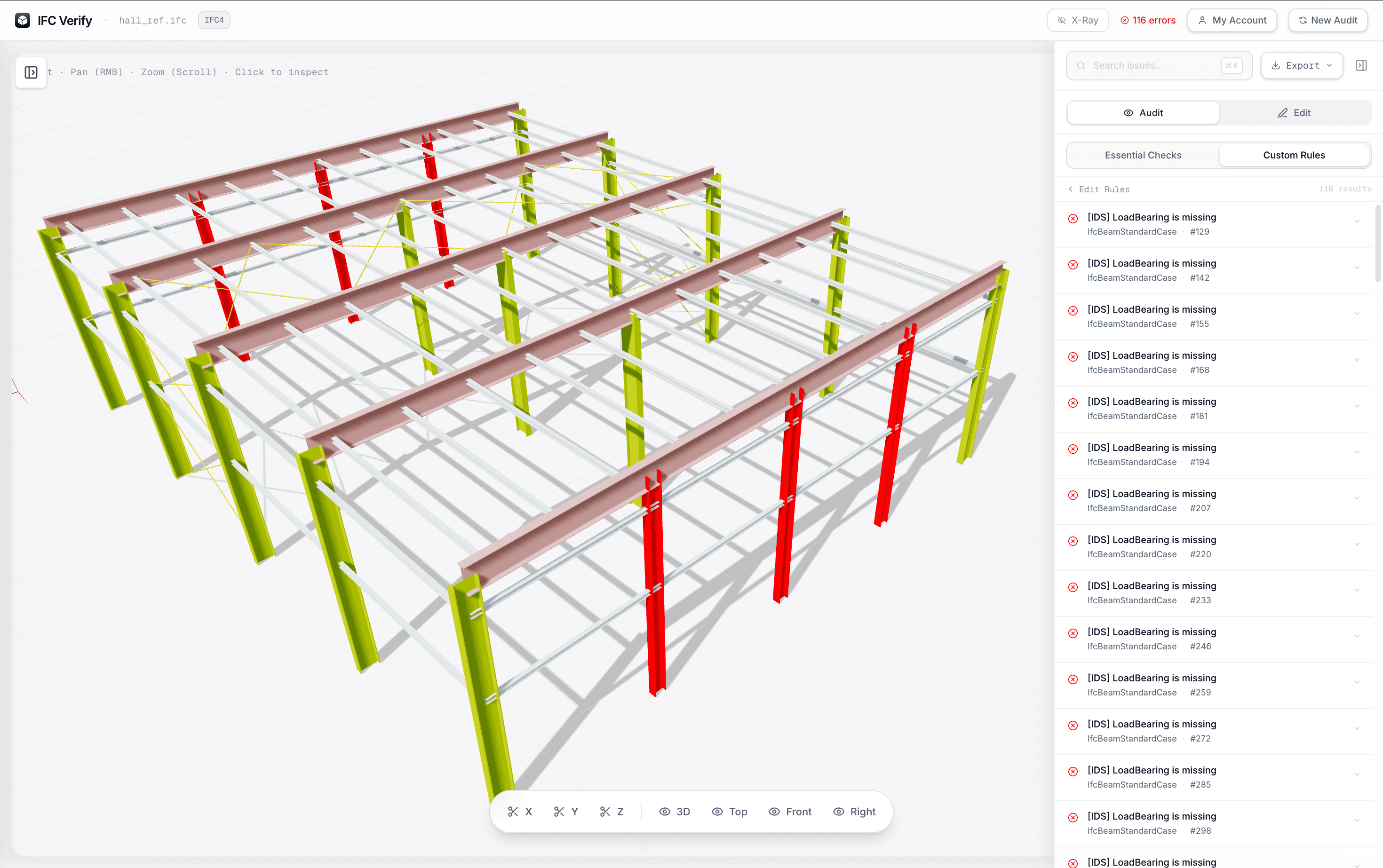 IFC model checker — auto-flag missing LoadBearing, SectionProfile and FireRating properties IFC Verify validation panel showing auto-flagged missing PropertySets on IfcBeam and IfcColumn elements in a steel hall structural model